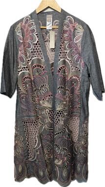 Chico's NWT Kimono Gray Pink Novelty Embroider Scalloped Linen Blend Boho L/XLP